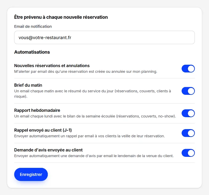 Réglages des notifications : alertes de réservation, brief du matin, rapport hebdomadaire, rappel au client la veille, demande d'avis, chacun avec un interrupteur