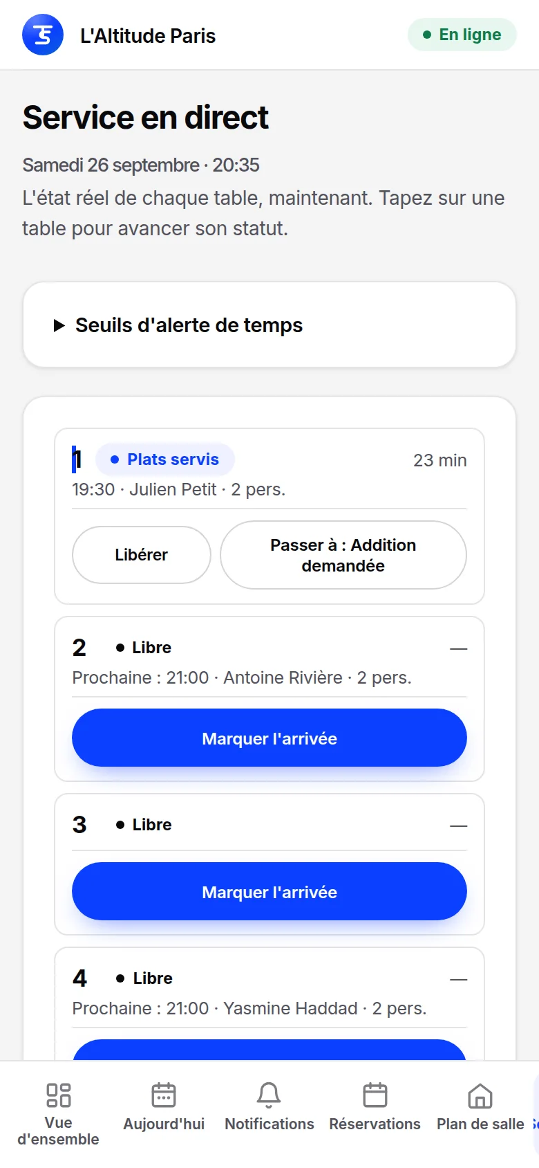 Service en direct sur téléphone : chaque table en carte, avec son statut, le temps écoulé et le bouton de l'étape suivante