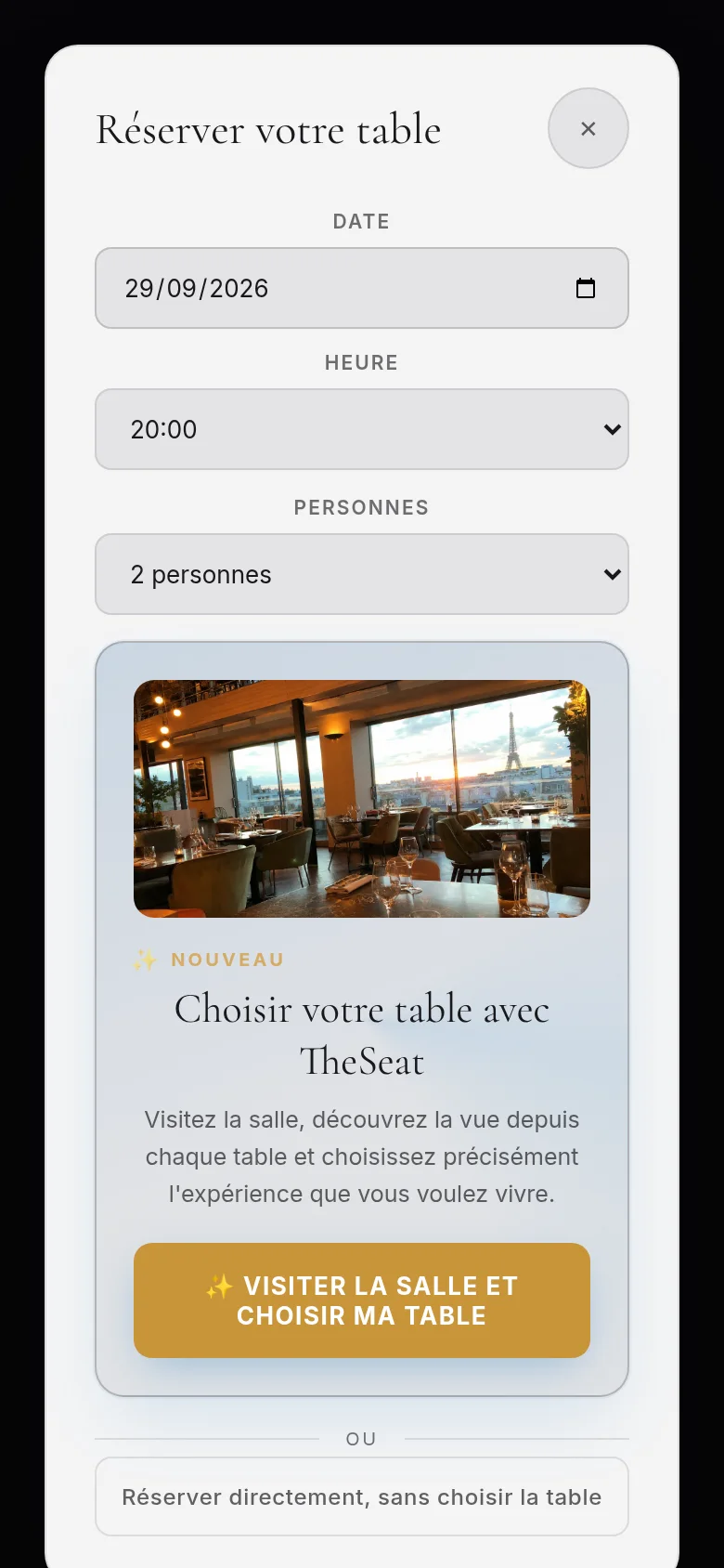 Étape 1 du widget : choix de la date, de l'heure et du nombre de personnes