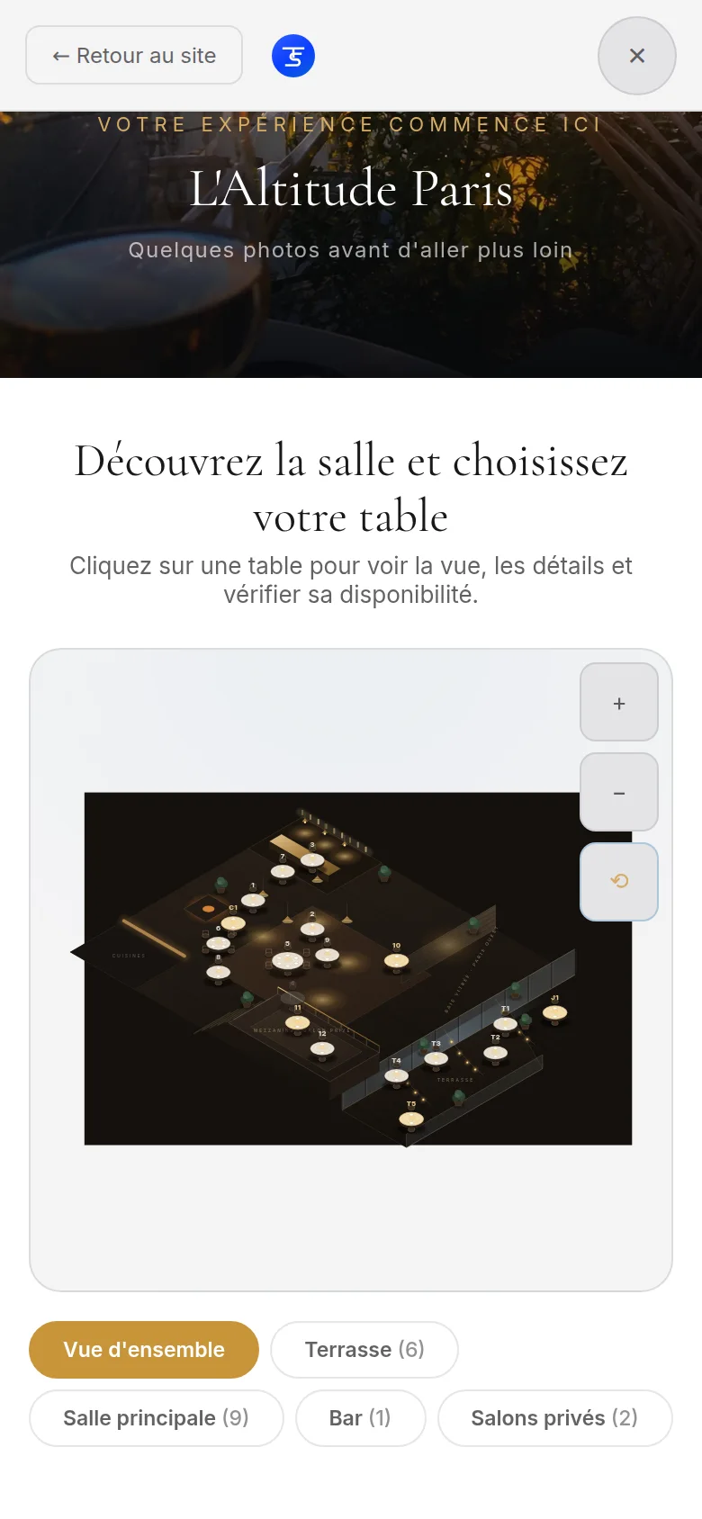 Étape 2 du widget : le plan de la salle en 3D, avec les zones Terrasse, Salle principale, Bar et Salons privés
