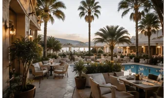Terrasse d'hôtel avec palmiers et piscine